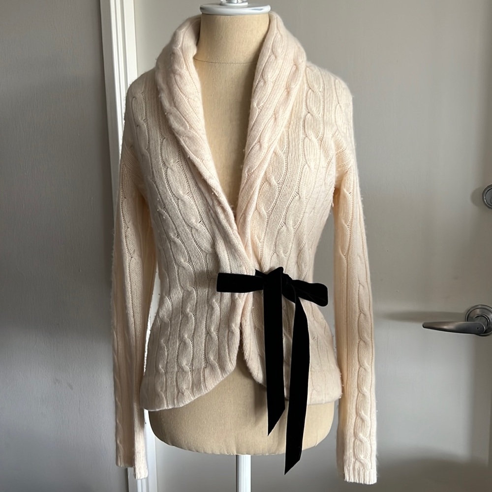 Ralph Lauren 100% Cashmere Cable Knit Sweater Cardigan Black Velvet Bow